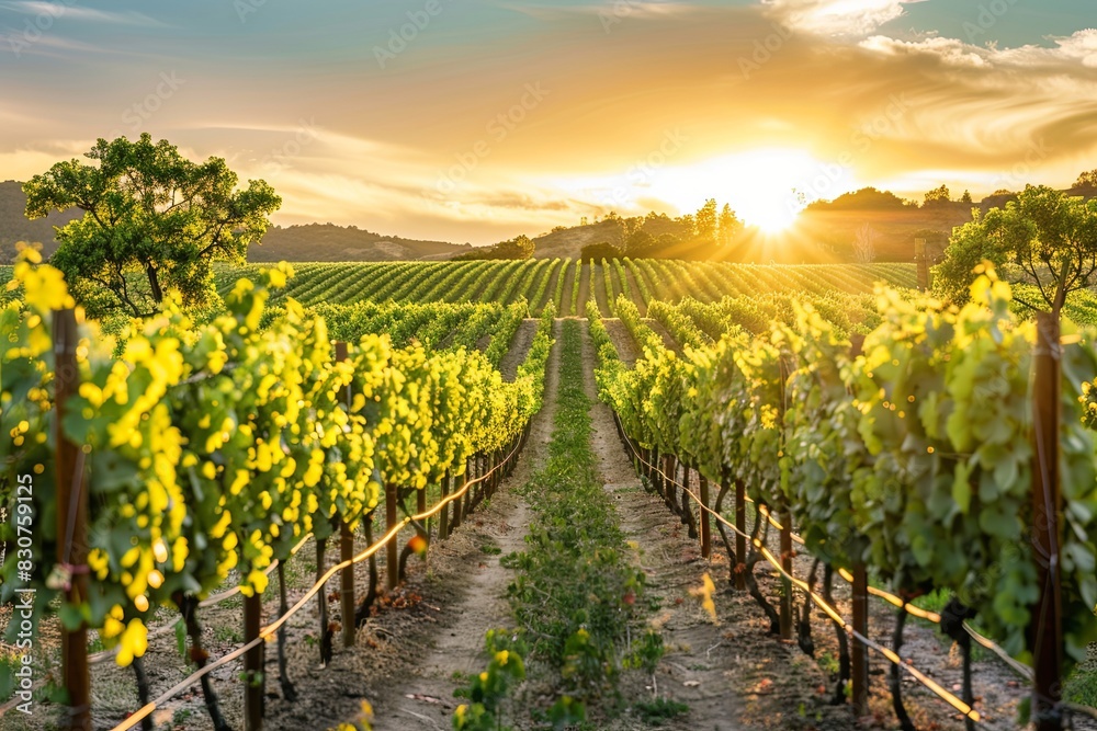 Vineyard at golden hour, sun setting behind rows of grapevines, scenic view