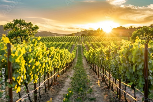 Vineyard at golden hour  sun setting behind rows of grapevines  scenic view