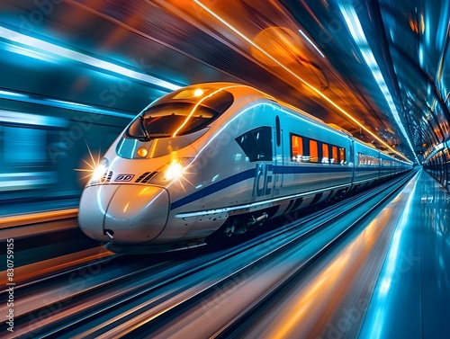 High Speed Bullet Train in Motion Showcasing Advanced Rail Technology and Transportation Innovation