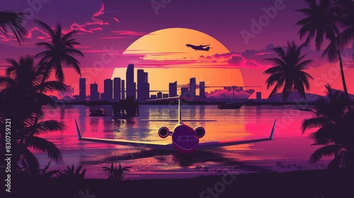 Miami Florida VIce City Retro Wave. with airplane . vector ilustration AI generated