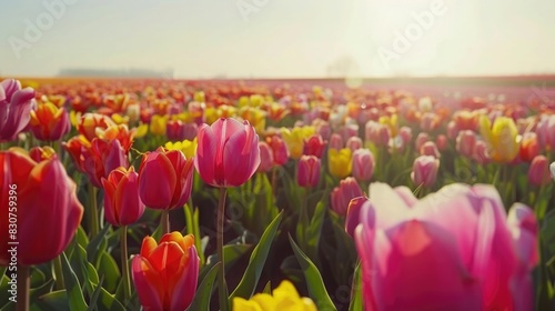 A field of tulips in full bloom  stretching as far as the eye can see  with vibrant colors under a clear sky. 8k  full ultra HD  high resolution  cinematic photography