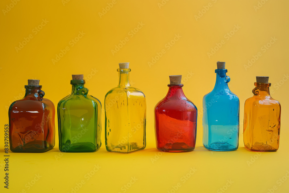 Colorful Glass Bottles in a Row Against Yellow Background Colorful Glass Bottles in a Row Against Yellow Background
