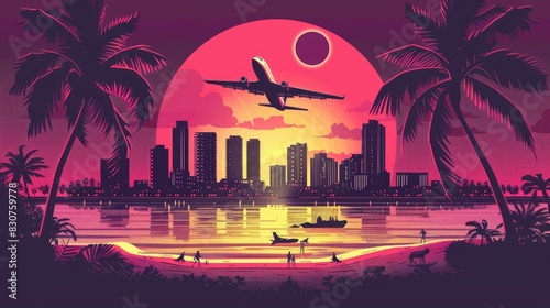 Miami Florida VIce City Retro Wave. with airplane . vector ilustration AI generated