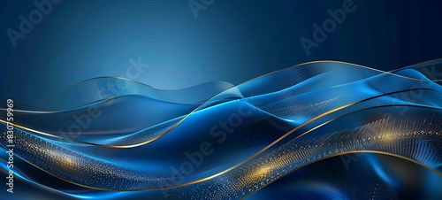 Blue luxury background with gold trim lines and curved light effect with bokeh elements. 