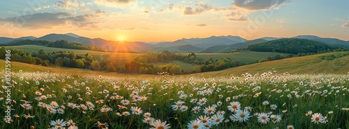 Beautiful spring landscape with daisies in the foreground, green grass and trees on hills under a sunset sky. A panoramic view of a meadow full of flowers in summer time.



