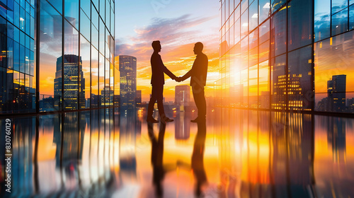 Businessman shaking hands with colleagues at industry. Two silhouettes against the backdrop of a business center at sunset.