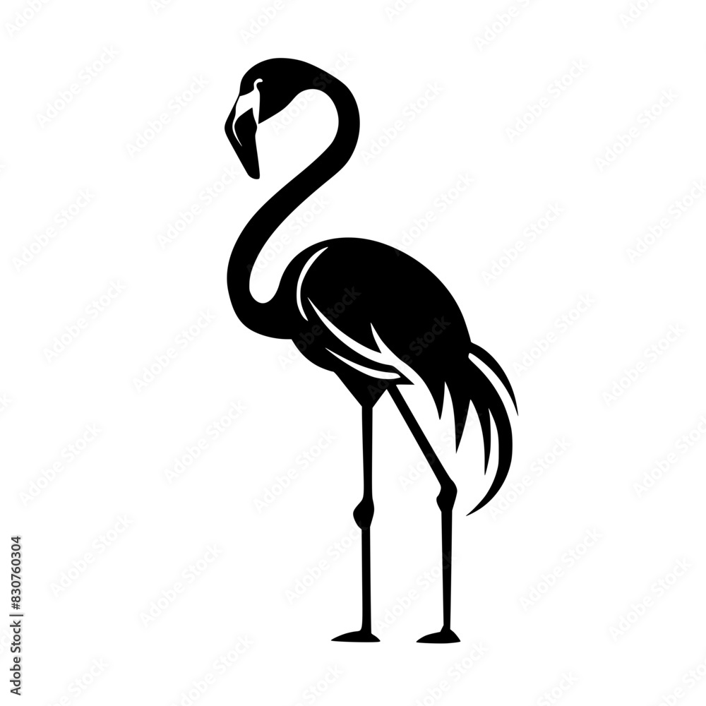 Obraz premium Silhouette of a Standing Flamingo, Black and white silhouette of a flamingo standing, highlighting its long neck, legs, and distinctive beak.