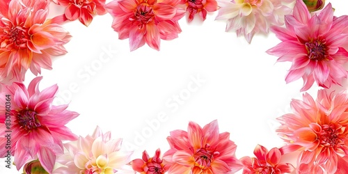 Flowers composition. Flat lay Top view. Border frame made of magenta, peach fuzz, red dahlia isolated white background. Vivid pink flowerheads. Beautiful backdrop for design. Floral assorted dahlias © Marina Demidiuk