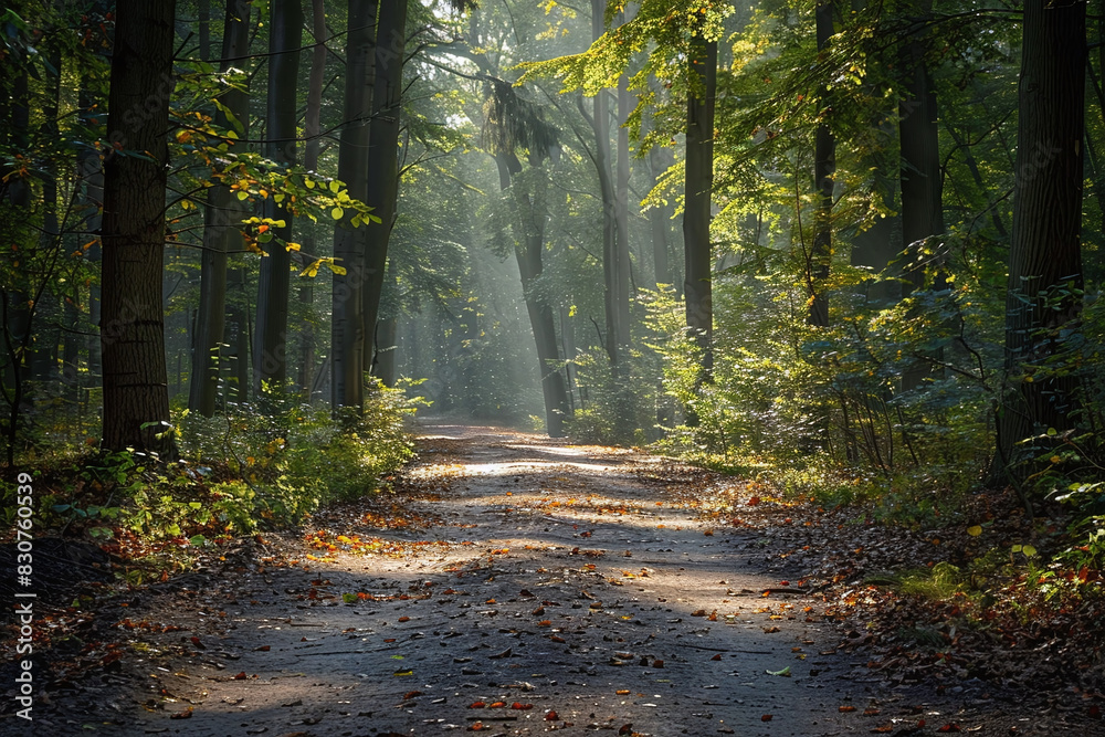 Fototapeta premium Serene Sunlit Forest Path in Early Morning