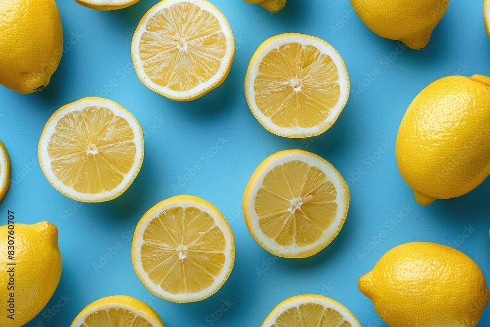 A blue background with a bunch of lemon slices on it A blue background with a bunch of lemon slices on it