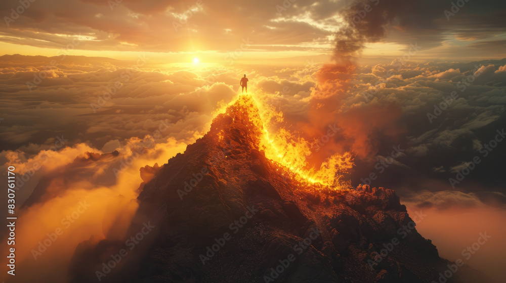 A man standing triumphantly on a mountain peak covered in clouds