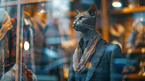 cat mannequin in clothes. A mannequin stands full length in a pet store window