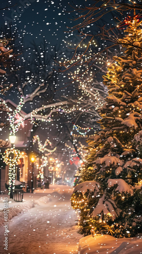 Snow-covered street lined with festive Christmas lights and decorated trees