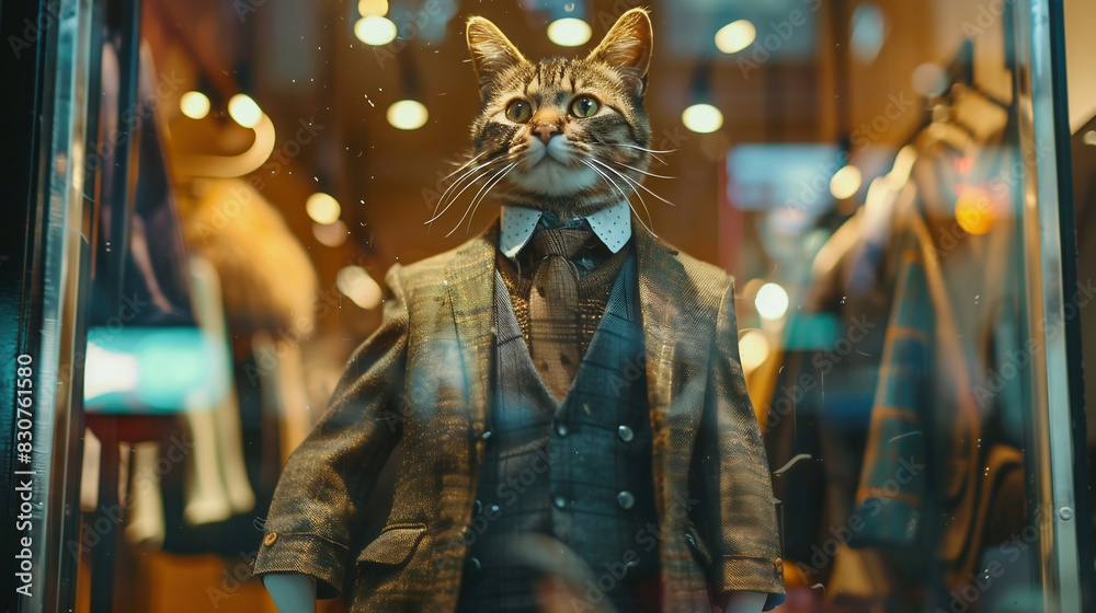 cat in clothes. Pet stands full length in a store window cat in clothes. Pet stands full length in a store window