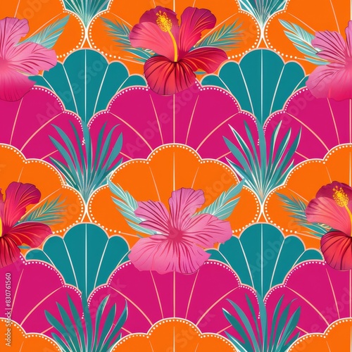 Vibrant Tropical Hibiscus and Fan Palm Pattern on Orange Background