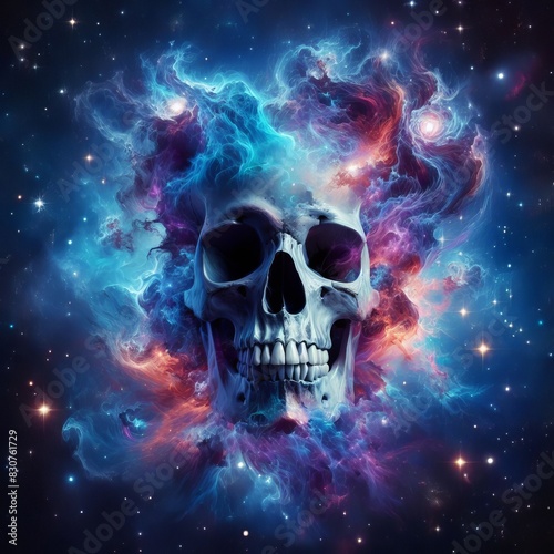 A surreal digital artwork featuring a skull encased in colorful cosmic dust and nebulae, emanating a mysterious and eerie vibe.. AI Generation © Anastasiia
