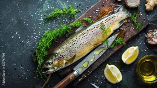 A fresh trout lies on a chopping board with knife next to it, surrounded by a drizzler of olive oil and some dil photo