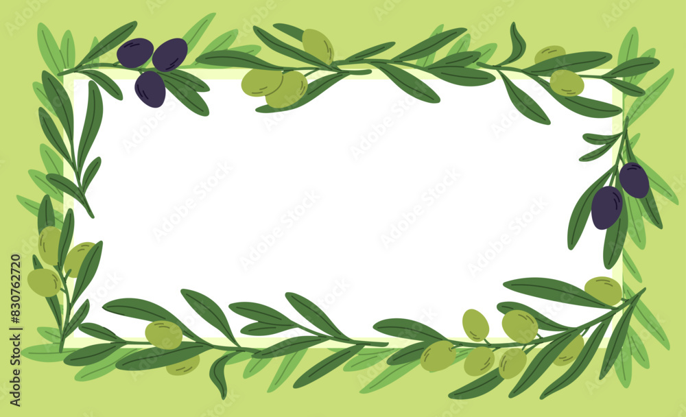 Olive sprigs frame. Plant branches. Banner template with green and black fruits. White leaf covered with garden stems. Place for text. Summer foliage border. Garish vector background