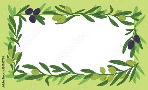 Olive sprigs frame. Plant branches. Banner template with green and black fruits. White leaf covered with garden stems. Place for text. Summer foliage border. Garish vector background
