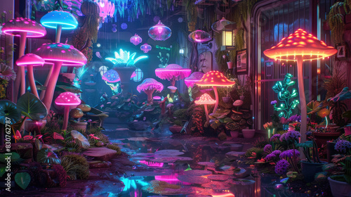 A magical forest path glows with vivid neon mushrooms and bioluminescent plants at dusk, creating a surreal and enchanting atmosphere