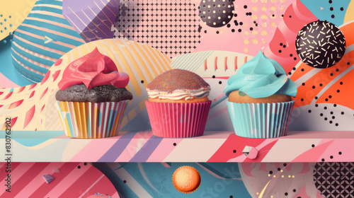 sweet, chocolate cupcakes, muffins on colorful background, oldfasioned retro collage art poster photo