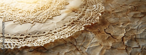 A close-up of a delicate lace doily placed on top of a rough, textured handmade paper sheet.