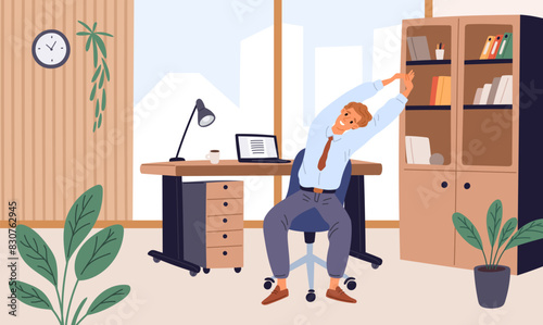 Man does stretching in workplace. Office physical exercises. Taking care of health at sedentary job. Flexible body training. Fitness for workers. Sport workout. Garish vector concept