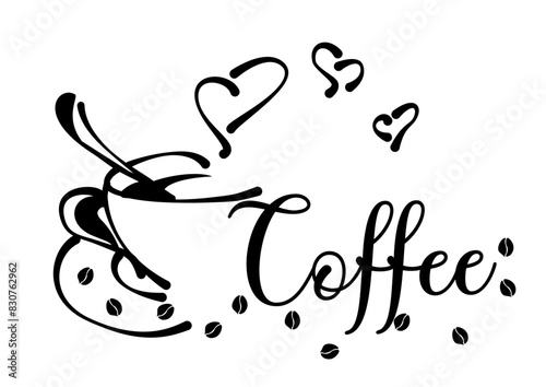 Cup of espresso with beans coffee and hearts - steaming coffee - cup with saucer - food vector graphics - written word coffee - graphics for restaurants, stickers, sublimation, cricut, scrapbooking,