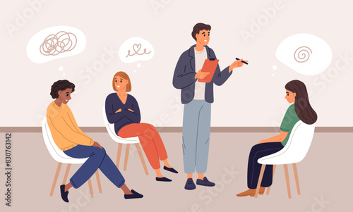 Group psychotherapy. People with mental problems. Women talk about their problems to specialist. Psychological aid. Psychology help. Psychotherapist consultation. Garish vector concept