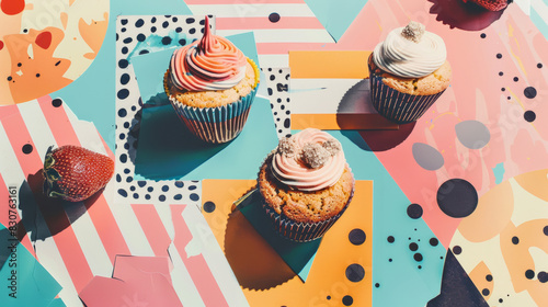 sweet, chocolate cupcakes, muffins on colorful background, oldfasioned retro collage art poster photo