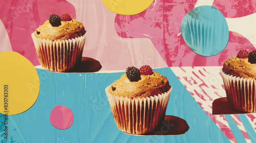sweet, chocolate cupcakes, muffins on colorful background, oldfasioned retro collage art poster photo