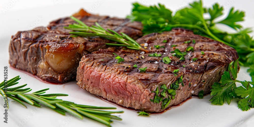 Gourmet Meal: Steak and Herbs on a Dining Table