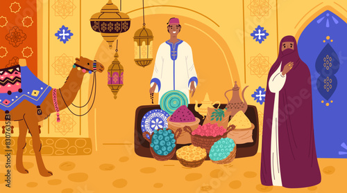 Fruit seller in Moroccan bazaar. Decorative national lamps. Arabian camel. Woman in hijab. Oriental ornaments. Marrakech market street. Man in traditional clothing. Garish vector concept
