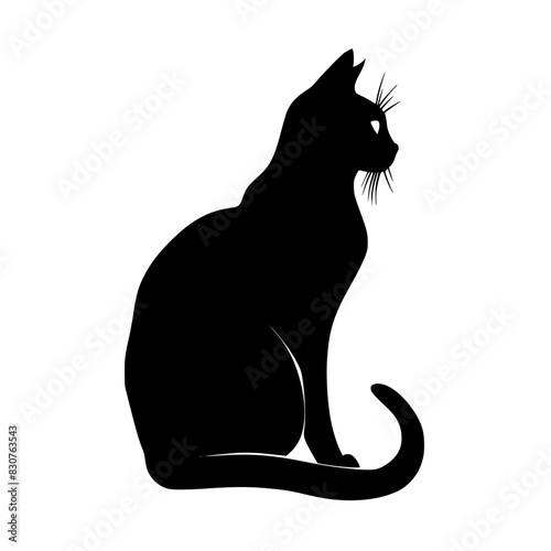 Silhouette of Sitting Cat, Black and white silhouette of a cat sitting, highlighting its sleek profile and attentive posture.