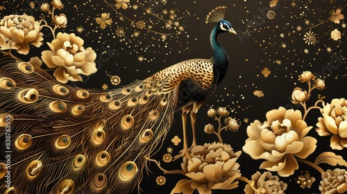 golden peacock with flower pattern wallpaper, vector illustration AI generated