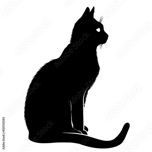 Silhouette of Sitting Cat, Black and white silhouette of a cat sitting, highlighting its sleek profile and attentive posture.