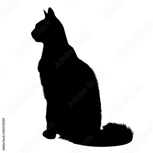 Silhouette of Sitting Cat, Black and white silhouette of a cat sitting, highlighting its sleek profile and attentive posture.