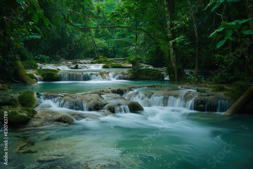 Beautiful nature photography  wide angle view of a river in a tropical rain forest with turquoise water flowing around moss covered rocks. Created with Ai