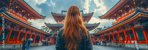 Young woman exploring busy streets of Tokyo on a breezy autumn day. Generative AI