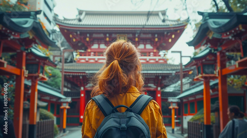 Young woman exploring busy streets of Tokyo on a breezy autumn day. Generative AI