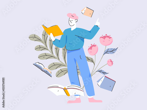 World Book Day Reading Character Flat Vector Concept Operation Hand Drawn Illustration 