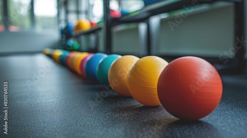A group of colorful medicine balls of various sizes lined up neatly in a fitness studio  ready for dynamic and functional training exercises.