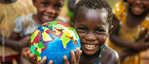 Happy African children holding a planet earth globe outdoors photo