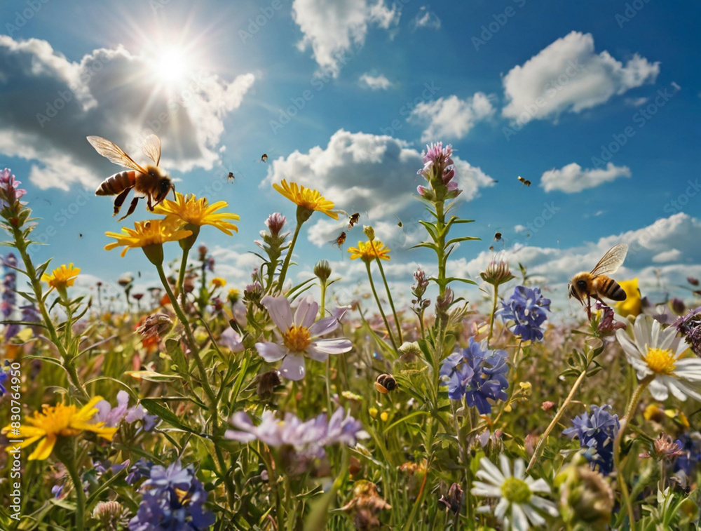 Perfect endless meadow of blooming wild flowers and bees under sunny blue sky
