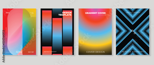 Abstract gradient poster background vector set. Minimalist style cover template with vibrant perspective 3d geometric prism shapes collection. Ideal design for social media, cover, banner, flyer.