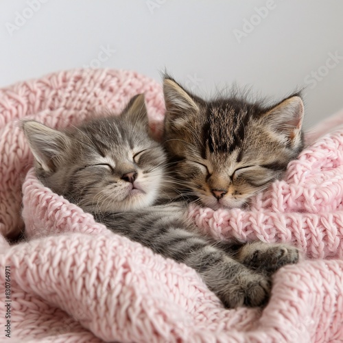 Adorable Kittens Cuddling in a Cozy Pink Knit Blanket