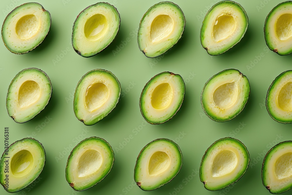 A row of green avocados with a yellow center A row of green avocados with a yellow center