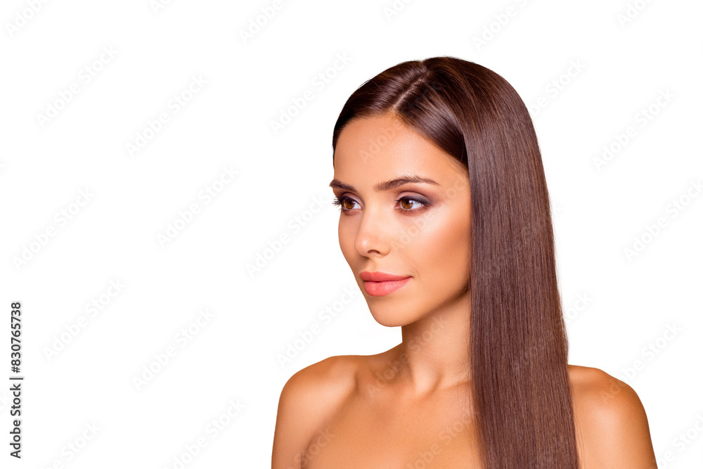 Half turn photo of dreamy leisure lifestyle sweet lovely pretty lady with her naked shoulders she stand calm isolated on pastel beige background with copy space for text look aside Half turn photo of dreamy leisure lifestyle sweet lovely pretty lady with her naked shoulders she stand calm isolated on pastel beige background with copy space for text look aside