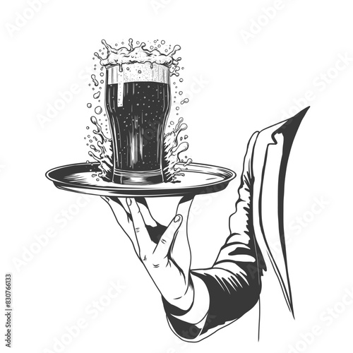 Beer on tray. Hand holding serving tray with beer glass. Engraving imitation. Black and white Ink sketch isolated on background.