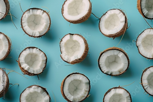 A blue background with a bunch of open coconuts